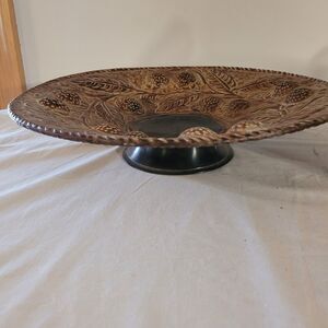 Vintage Hammered Tin Copper 14" Pedestal Bowl Repousse Orange Tree W/fruit/veg